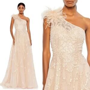 Mac Duggal Embellished One Shoulder Feather Accent Dress Sz‎ 2 Peach $798 NEW